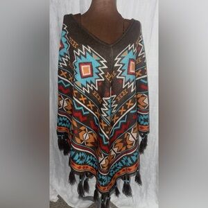 Charlie Paige Aztec Western Boho Poncho Knit Fringe w Beads One Size
